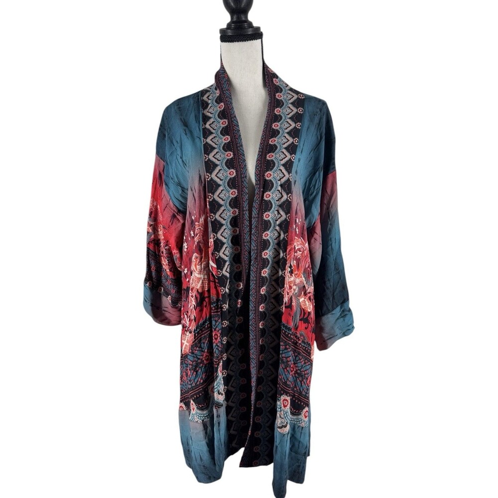 Citron Santa Monica‎ Beautiful Peacock Print Open Duster Jacket Size L